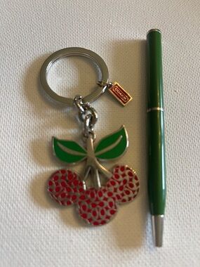 Coach Cherry Keychain with Green Leaves and Coach Pen